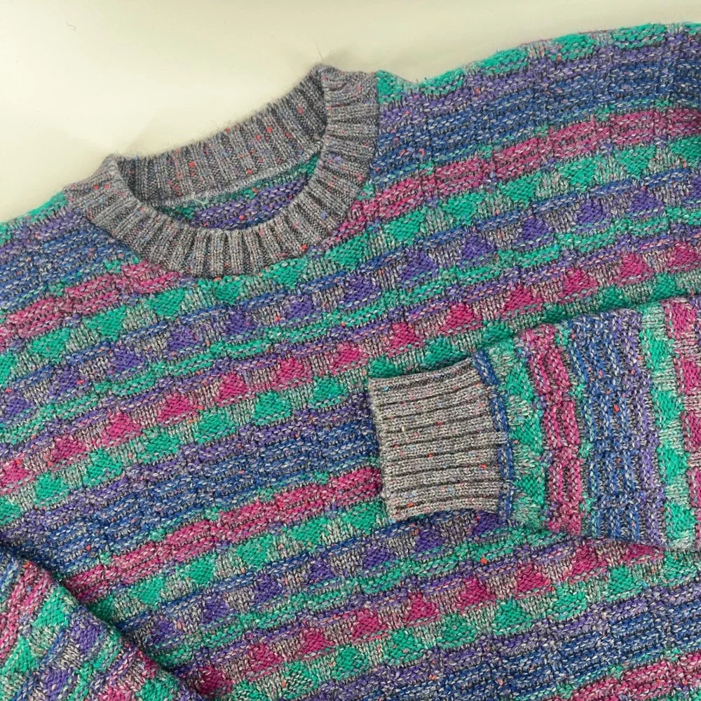 Vintage Wool Knit Sweater Oversized Striped Geometric Crew Neck Teal Purple M/L